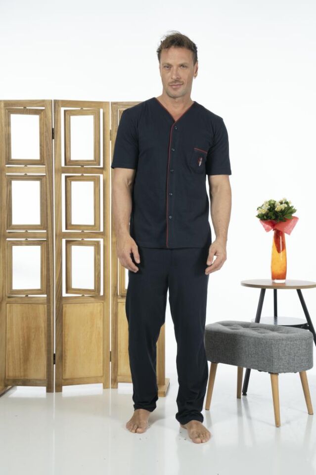 Estiva Erkek Önden Düğmeli Kısa Kollu Cepli Yazlık Penye Pijama Takımı Lacivert - 2XL