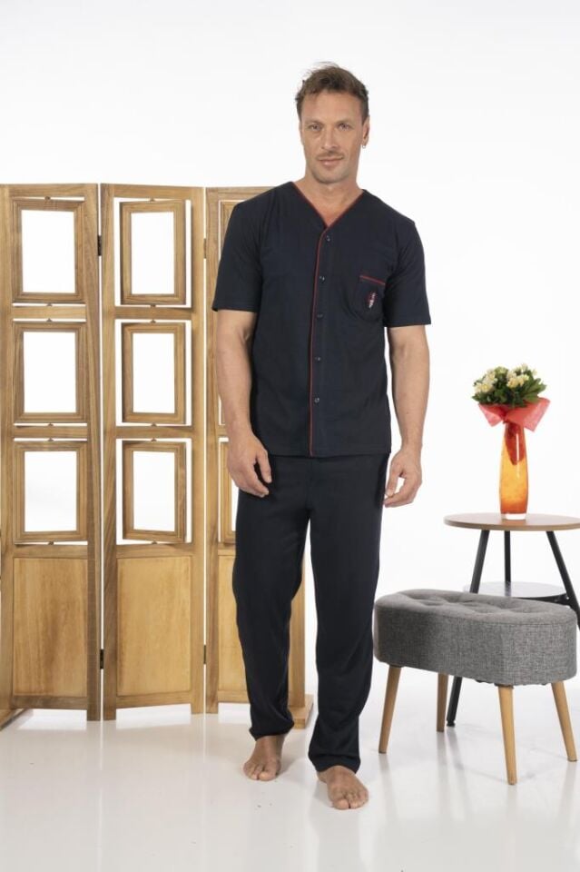 Estiva Erkek Önden Düğmeli Kısa Kollu Cepli Yazlık Penye Pijama Takımı Lacivert - 2XL