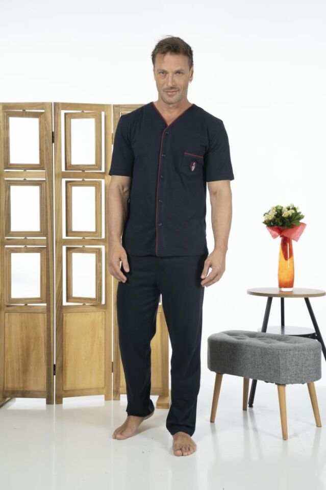 Estiva Erkek Önden Düğmeli Kısa Kollu Cepli Yazlık Penye Pijama Takımı Lacivert - 3XL