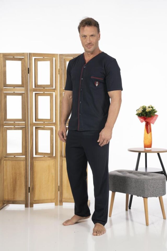 Estiva Erkek Önden Düğmeli Kısa Kollu Cepli Yazlık Penye Pijama Takımı Lacivert - 3XL