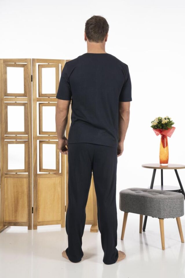 Estiva Erkek Önden Düğmeli Kısa Kollu Cepli Yazlık Penye Pijama Takımı Lacivert - 3XL