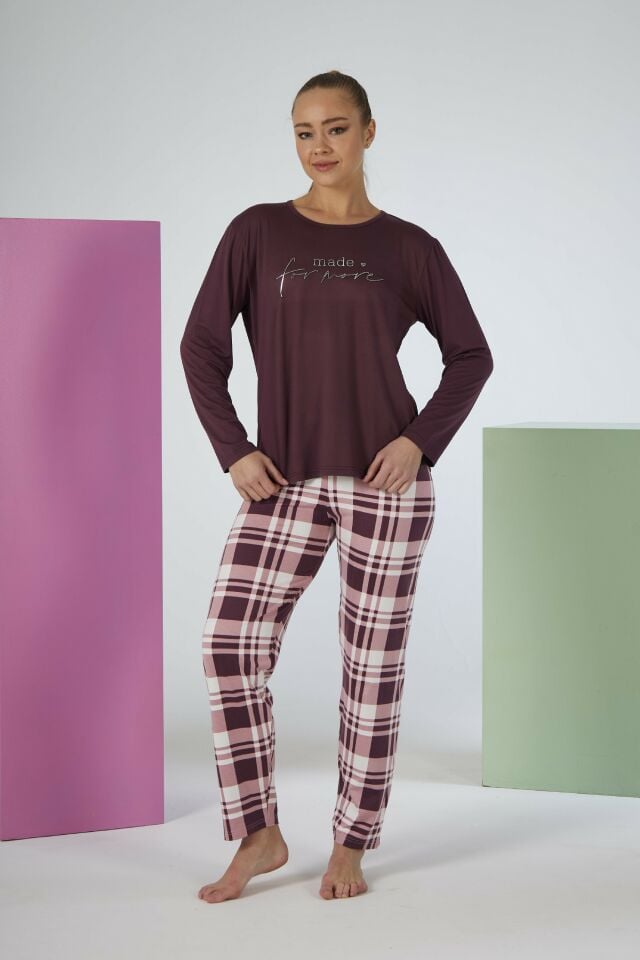 Estiva Kadın Kareli Alt Desenli Mürdüm Uzun Kollu Soft Pijama Takımı