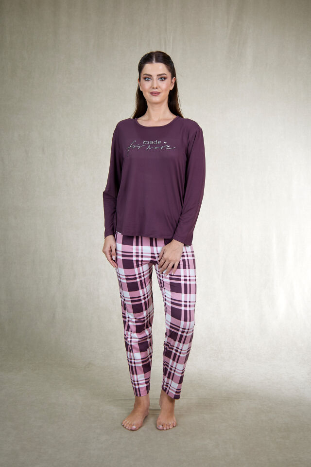 Estiva Kadın Kareli Alt Desenli Mürdüm Uzun Kollu Soft Pijama Takımı