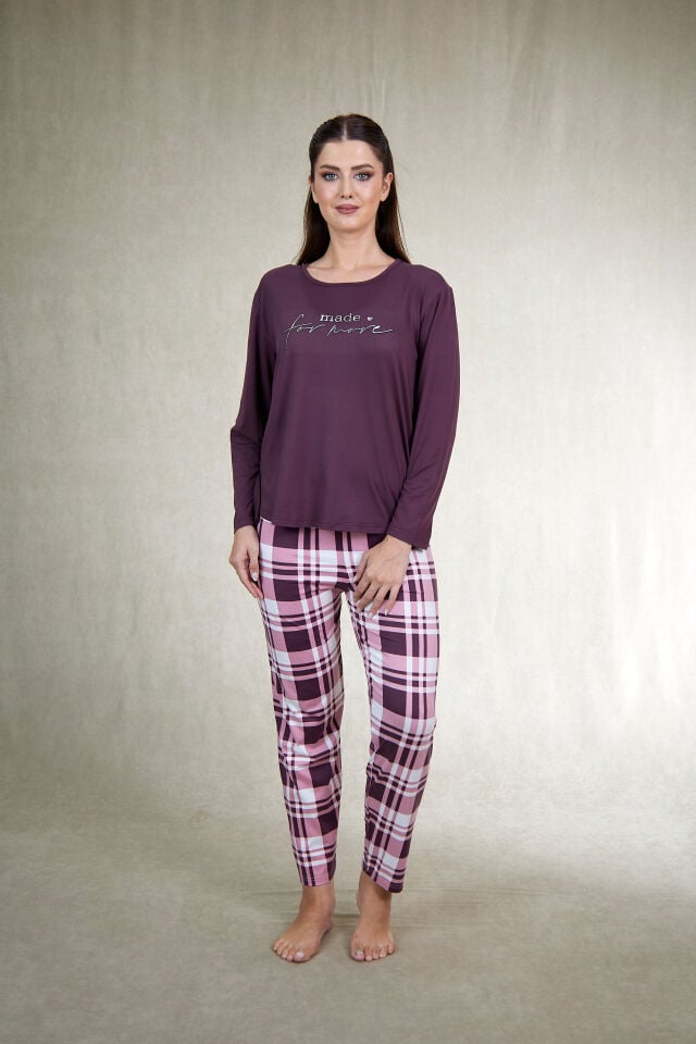 Estiva Kadın Kareli Alt Desenli Mürdüm Uzun Kollu Soft Pijama Takımı