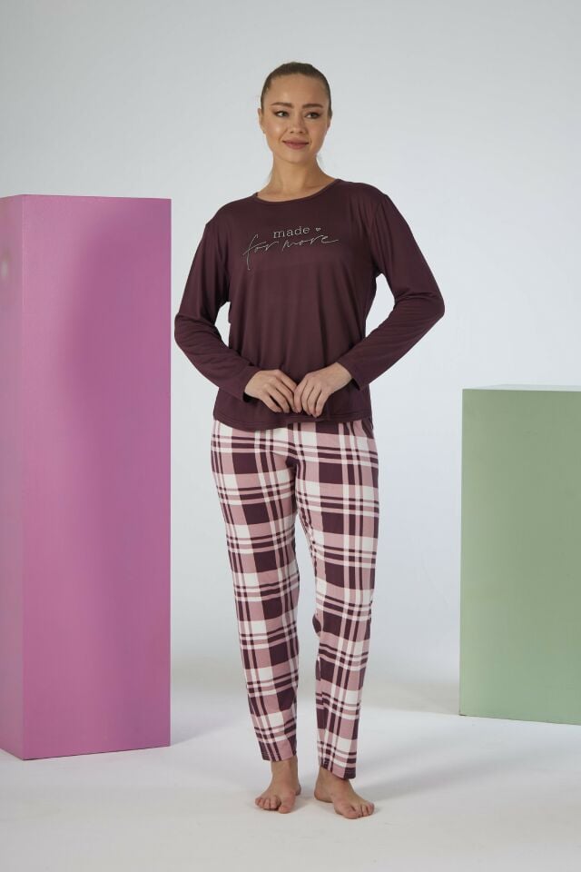 Estiva Kadın Kareli Alt Desenli Mürdüm Uzun Kollu Soft Pijama Takımı