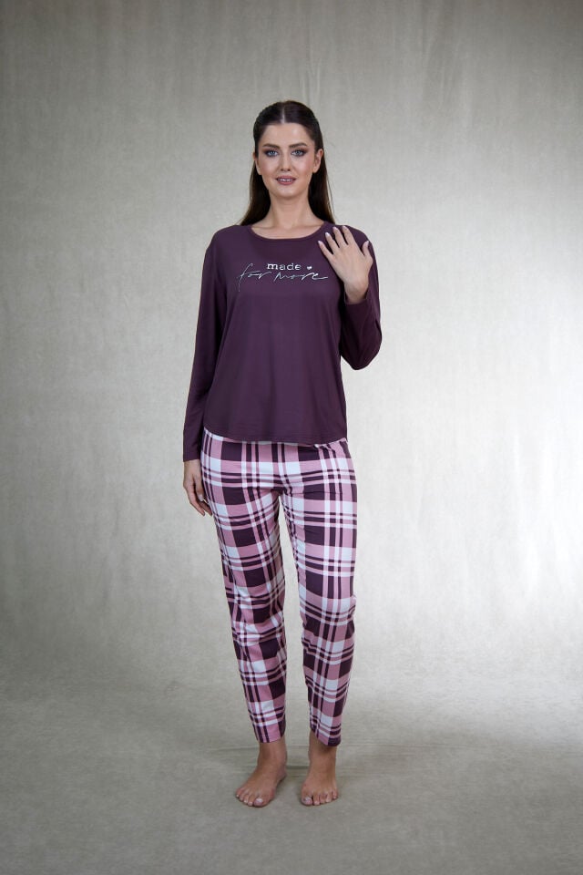 Estiva Kadın Kareli Alt Desenli Mürdüm Uzun Kollu Soft Pijama Takımı alternatif görsel