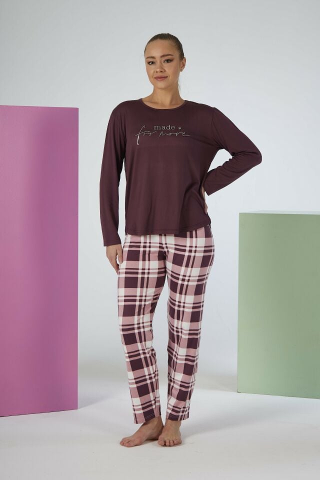 Estiva Kadın Kareli Alt Desenli Mürdüm Uzun Kollu Soft Pijama Takımı