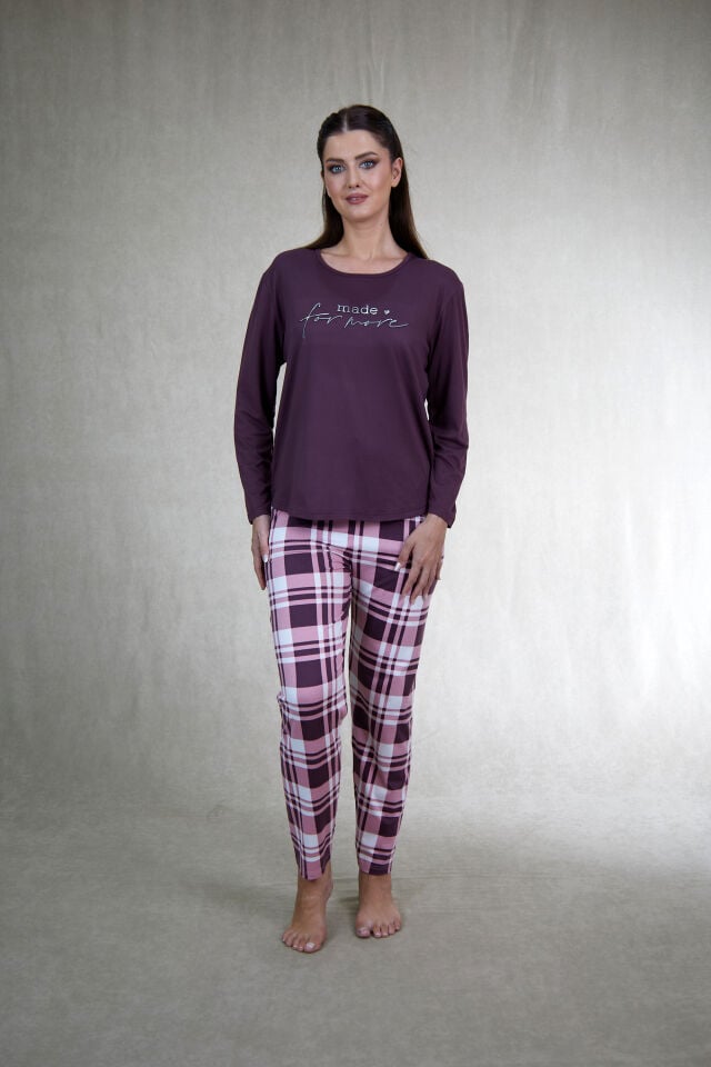 Estiva Kadın Kareli Alt Desenli Mürdüm Uzun Kollu Soft Pijama Takımı