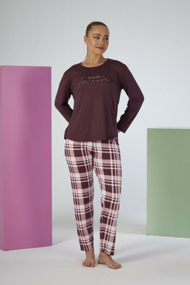Estiva Kadın Kareli Alt Desenli Mürdüm Uzun Kollu Soft Pijama Takımı