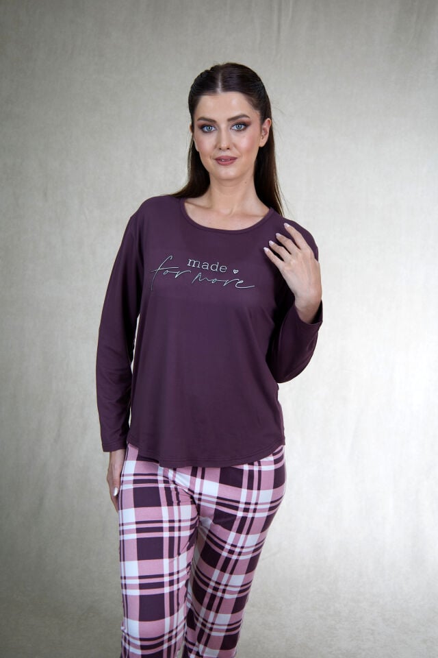 Estiva Kadın Kareli Alt Desenli Mürdüm Uzun Kollu Soft Pijama Takımı