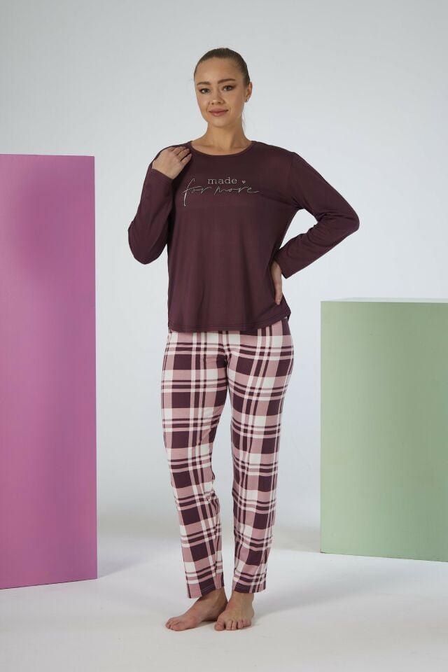 Estiva Kadın Kareli Alt Desenli Mürdüm Uzun Kollu Soft Pijama Takımı