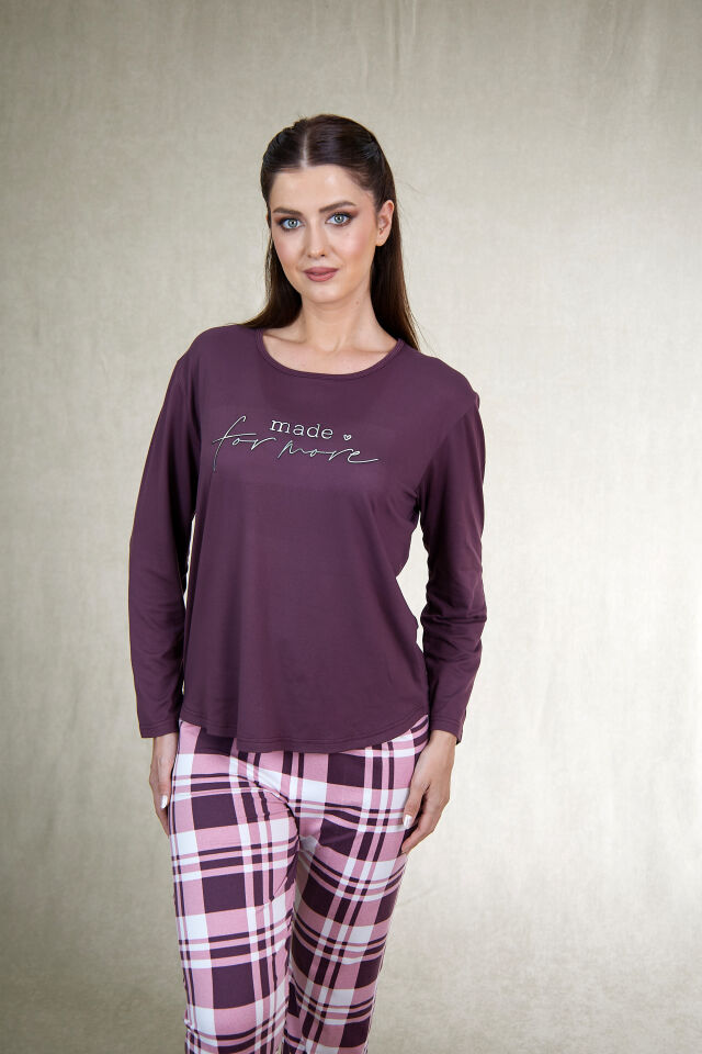 Estiva Kadın Kareli Alt Desenli Mürdüm Uzun Kollu Soft Pijama Takımı