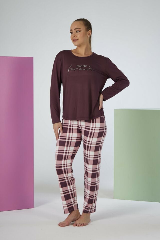 Estiva Kadın Kareli Alt Desenli Mürdüm Uzun Kollu Soft Pijama Takımı