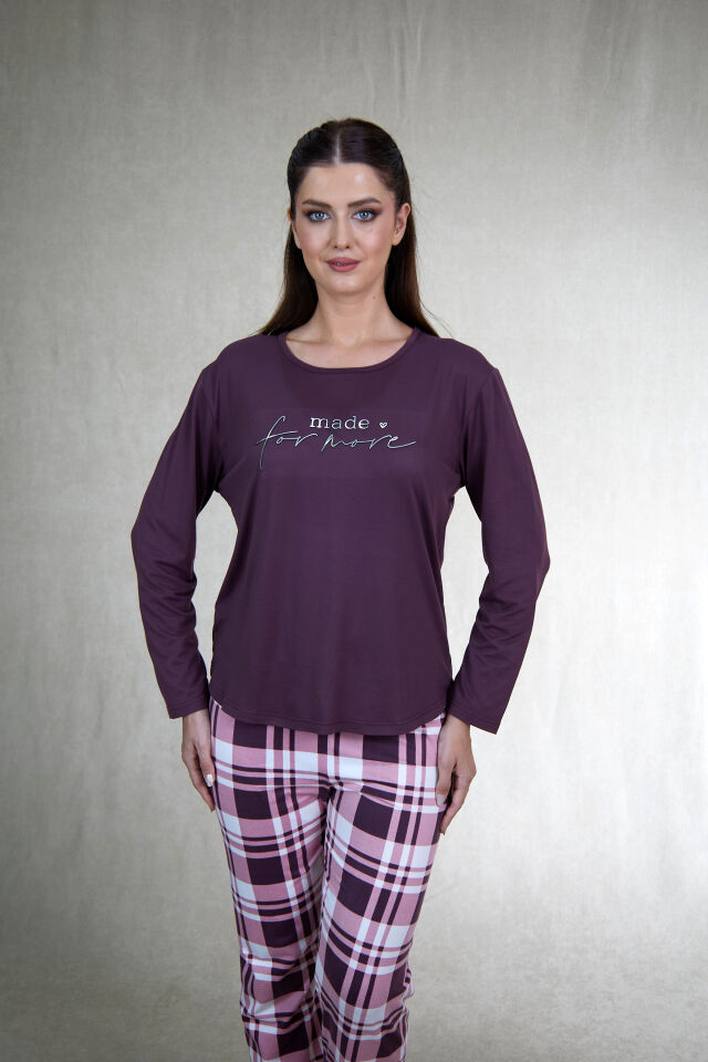 Estiva Kadın Kareli Alt Desenli Mürdüm Uzun Kollu Soft Pijama Takımı