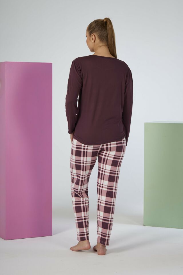 Estiva Kadın Kareli Alt Desenli Mürdüm Uzun Kollu Soft Pijama Takımı