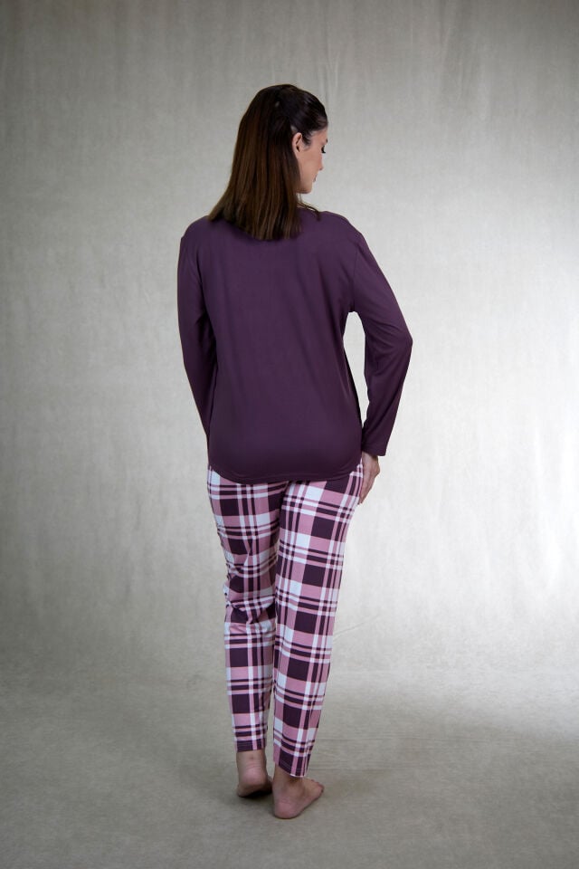 Estiva Kadın Kareli Alt Desenli Mürdüm Uzun Kollu Soft Pijama Takımı