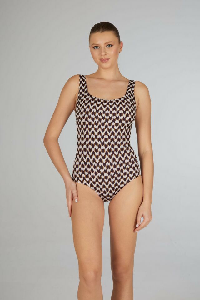 Estiva Kaz Ayağı Desenli U Yaka Mayo - Kahverengi