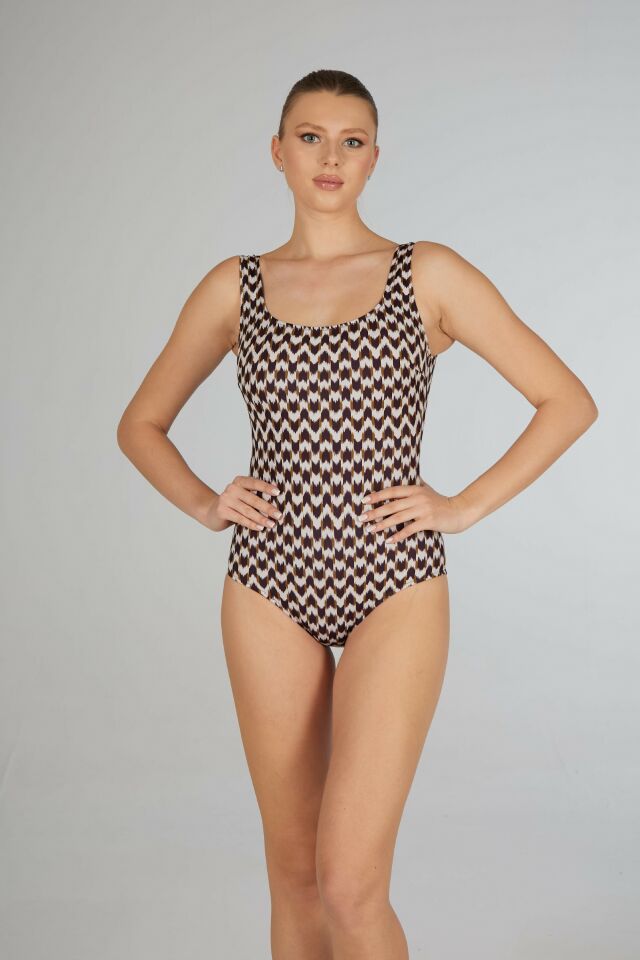 Estiva Kaz Ayağı Desenli U Yaka Mayo - Kahverengi