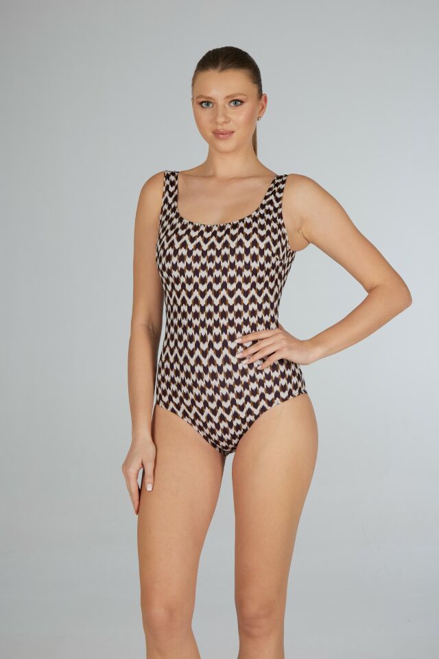 Estiva Kaz Ayağı Desenli U Yaka Mayo - Kahverengi