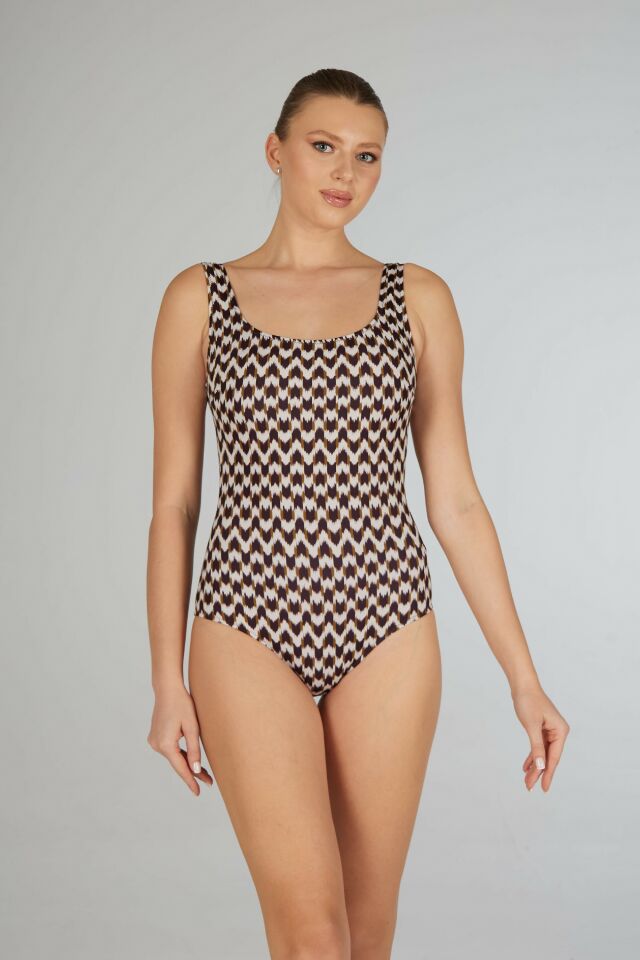 Estiva Kaz Ayağı Desenli U Yaka Mayo - Kahverengi