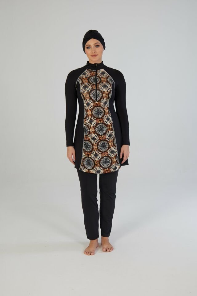 Estiva Kadın Tam Kapalı Yarım Fermuarlı Halka Desenli Tesettür Mayo Siyah