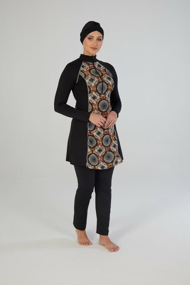 Estiva Kadın Tam Kapalı Yarım Fermuarlı Halka Desenli Tesettür Mayo Siyah