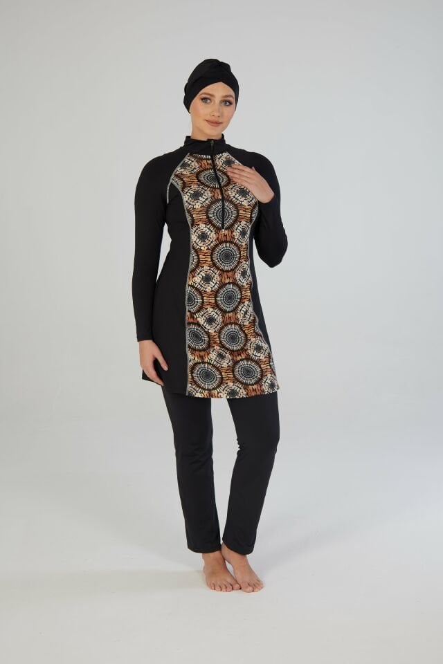 Estiva Kadın Tam Kapalı Yarım Fermuarlı Halka Desenli Tesettür Mayo Siyah