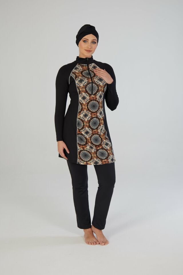 Estiva Kadın Tam Kapalı Yarım Fermuarlı Halka Desenli Tesettür Mayo Siyah
