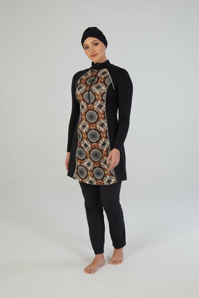 Estiva Kadın Tam Kapalı Yarım Fermuarlı Halka Desenli Tesettür Mayo Siyah