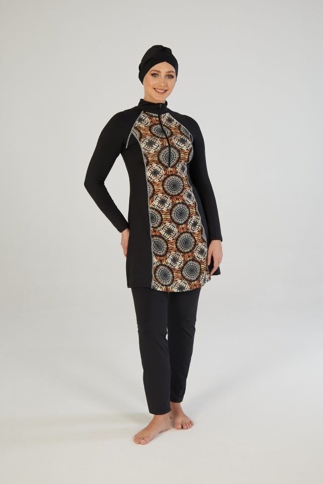 Estiva Kadın Tam Kapalı Yarım Fermuarlı Halka Desenli Tesettür Mayo Siyah