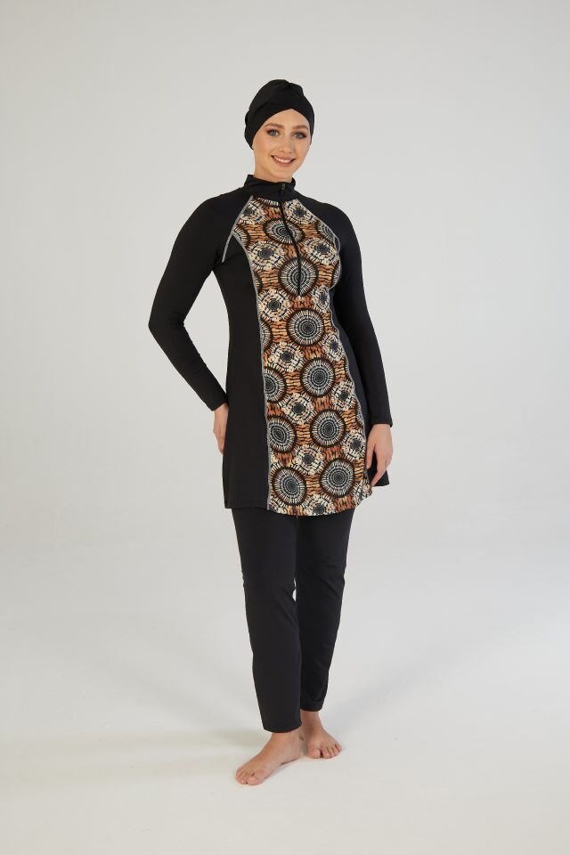 Estiva Kadın Tam Kapalı Yarım Fermuarlı Halka Desenli Tesettür Mayo Siyah