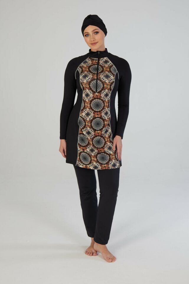 Estiva Kadın Tam Kapalı Yarım Fermuarlı Halka Desenli Tesettür Mayo Siyah