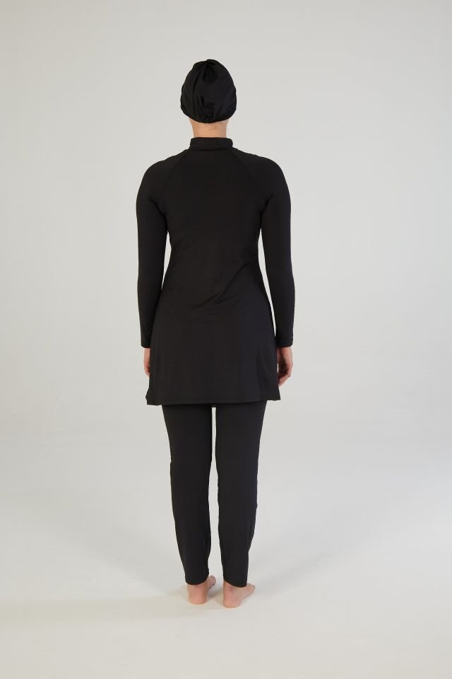 Estiva Kadın Tam Kapalı Yarım Fermuarlı Halka Desenli Tesettür Mayo Siyah