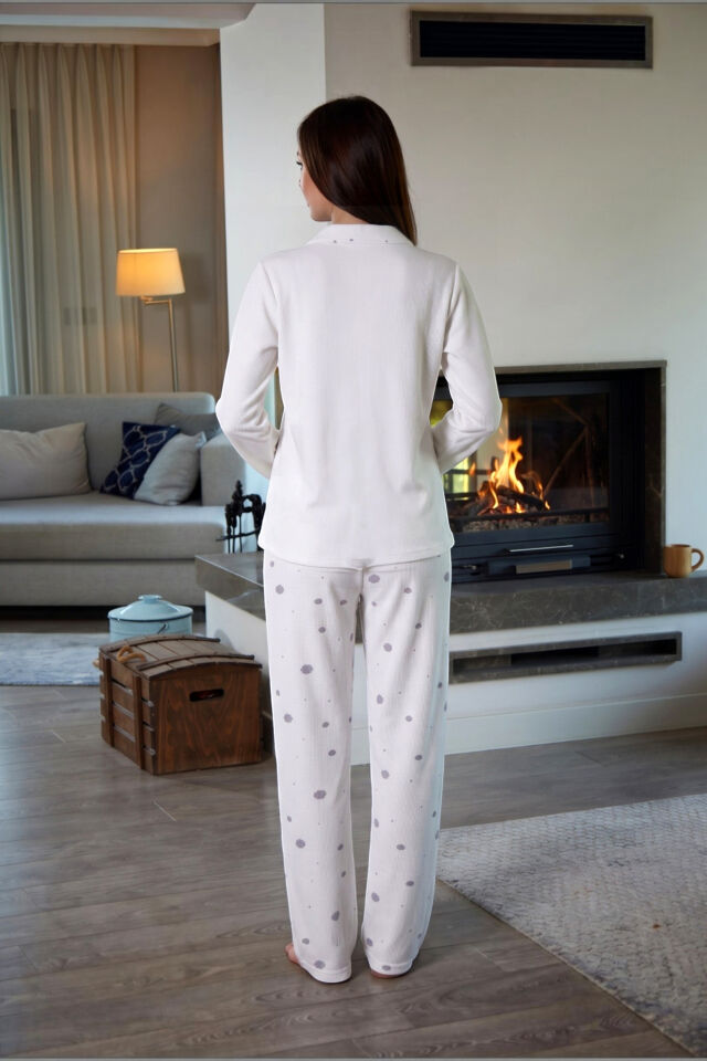 Estiva Kadın Puantiyeli Önden Düğmeli Waffle Kumaş Pijama Takımı L - EKIRMIZIU