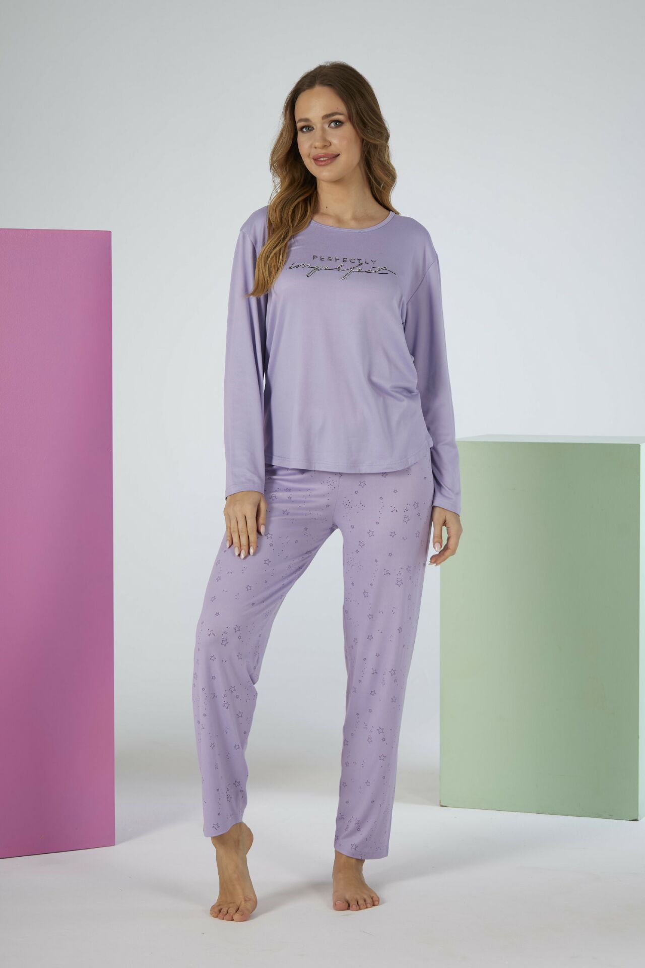 Estiva Kadın Yıldız Alt Desenli Lila Soft Uzun Kollu Pijama Takımı