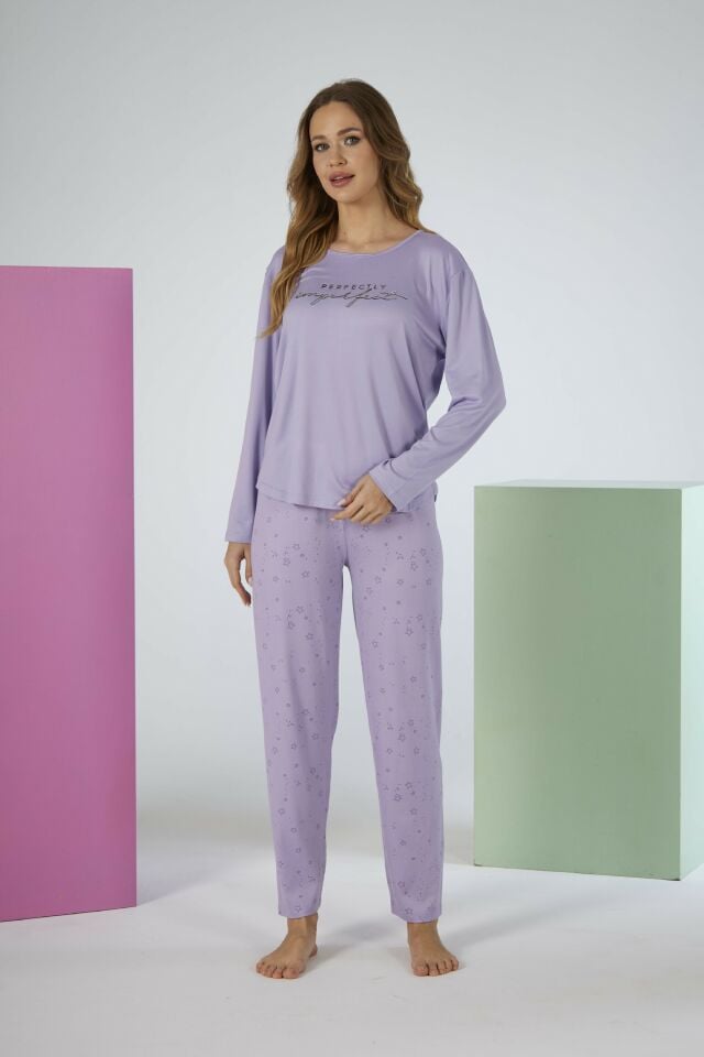 Estiva Kadın Yıldız Alt Desenli Lila Soft Uzun Kollu Pijama Takımı alternatif görsel