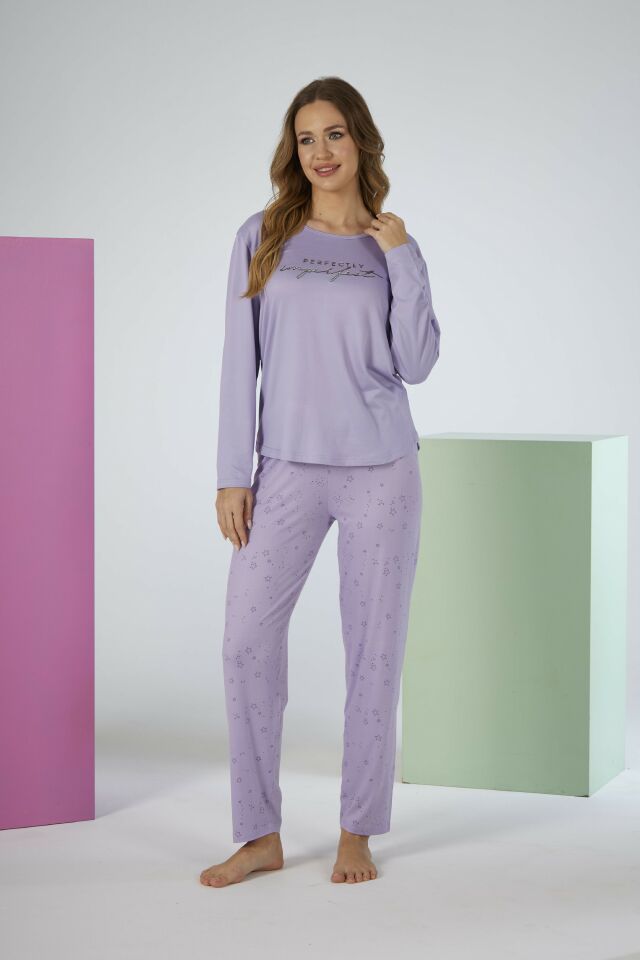 Estiva Kadın Yıldız Alt Desenli Lila Soft Uzun Kollu Pijama Takımı