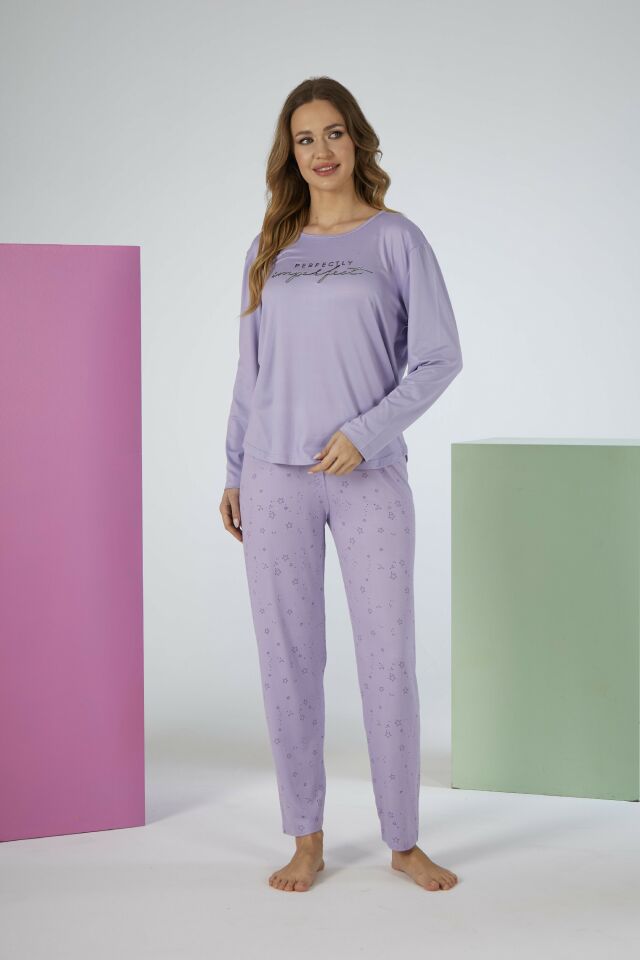 Estiva Kadın Yıldız Alt Desenli Lila Soft Uzun Kollu Pijama Takımı