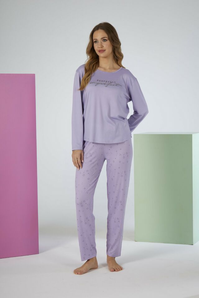Estiva Kadın Yıldız Alt Desenli Lila Soft Uzun Kollu Pijama Takımı