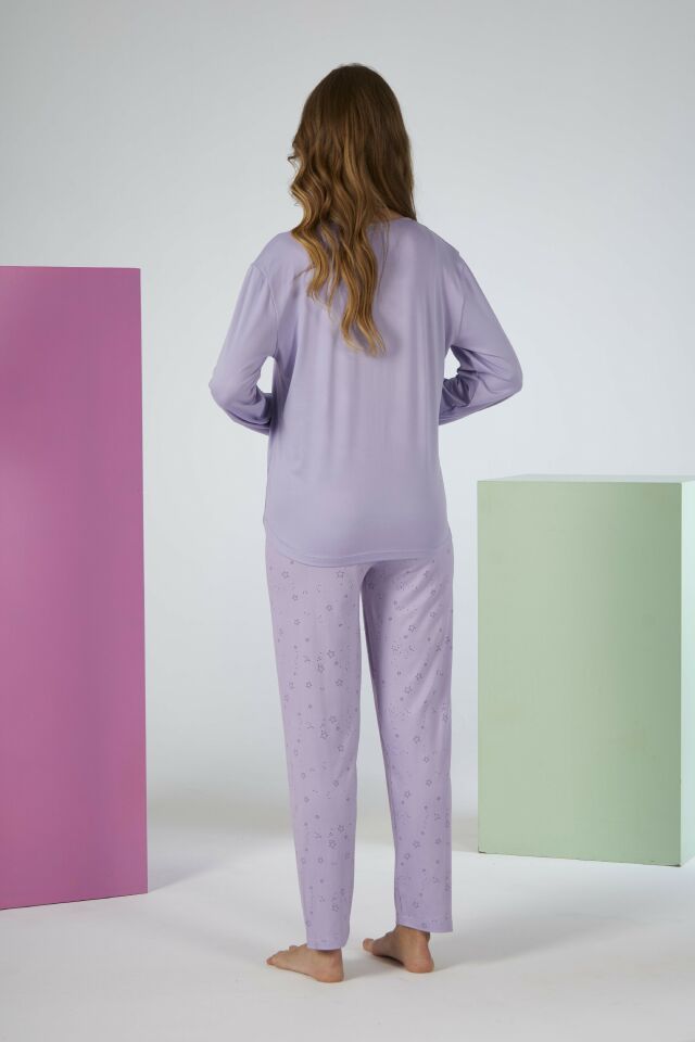 Estiva Kadın Yıldız Alt Desenli Lila Soft Uzun Kollu Pijama Takımı