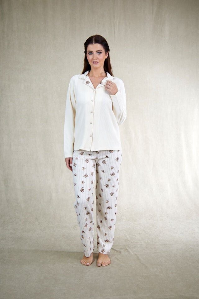 Estiva Kadın Ayıcık Desenli Önden Düğmeli Waffle Kumaş Pijama Takımı