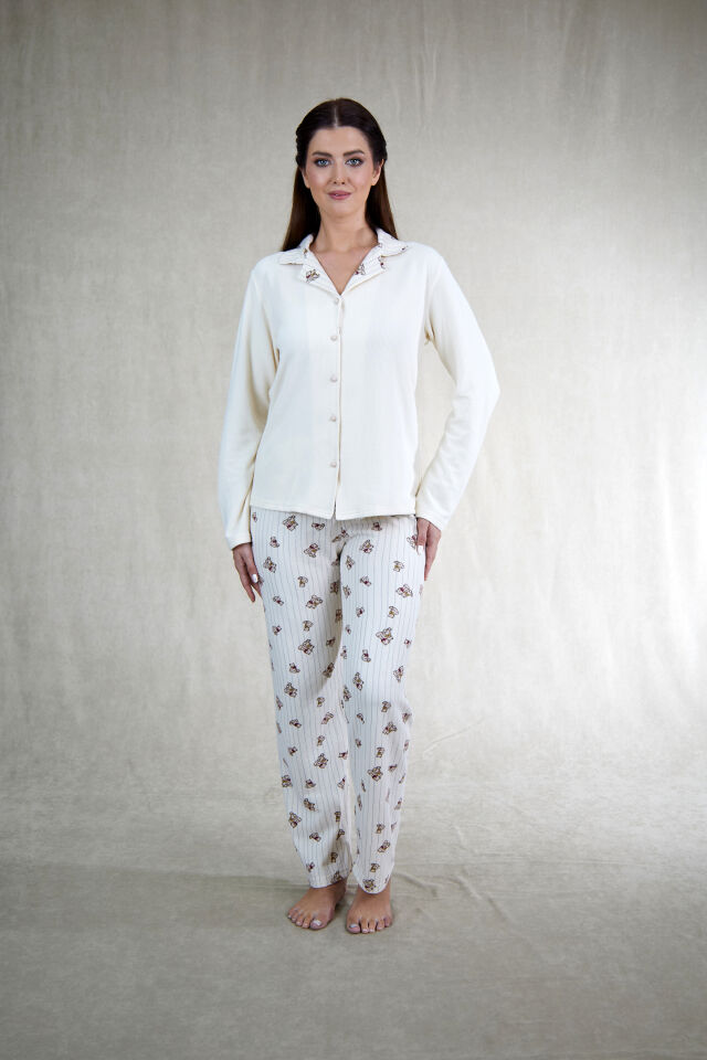 Estiva Kadın Ayıcık Desenli Önden Düğmeli Waffle Kumaş Pijama Takımı M - EKIRMIZIU