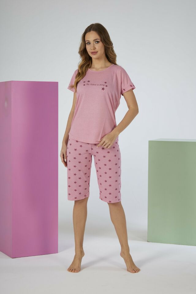 Kadın Yazlık Yıldız Desenli Kısa Kollu Kaprili Viskon Pijama Takımı XL - Pembe