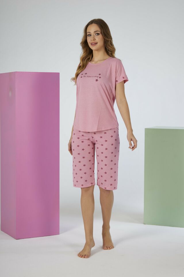 Kadın Yazlık Yıldız Desenli Kısa Kollu Kaprili Viskon Pijama Takımı XL - Pembe
