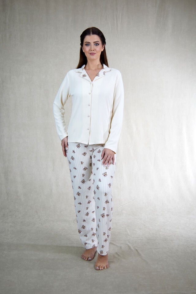 Estiva Kadın Ayıcık Desenli Önden Düğmeli Waffle Kumaş Pijama Takımı 2XL - EKIRMIZIU