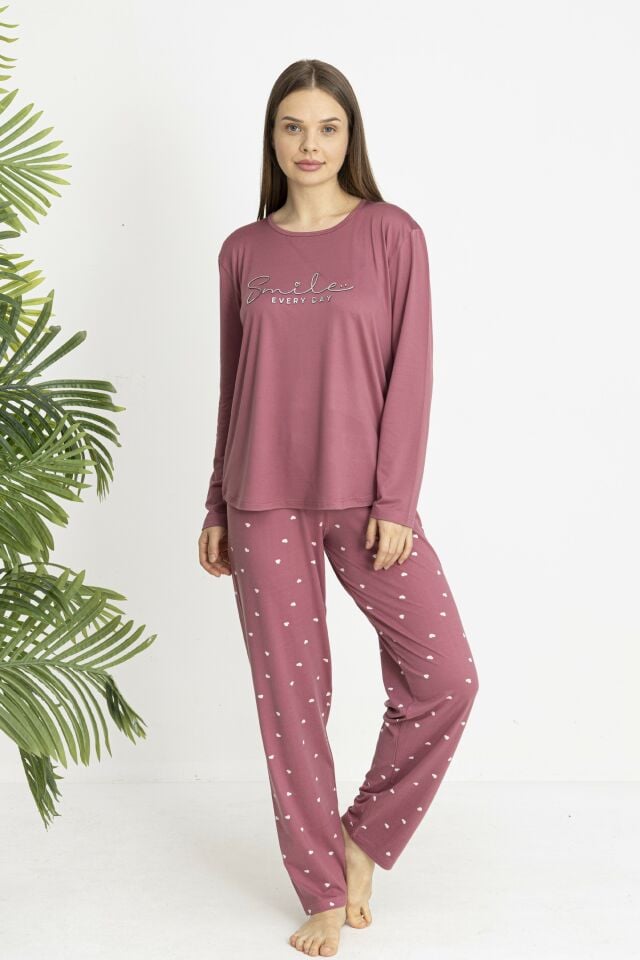 Estiva Kadın Kalp Alt Desenli Soft Uzun Kollu Pijama Takımı