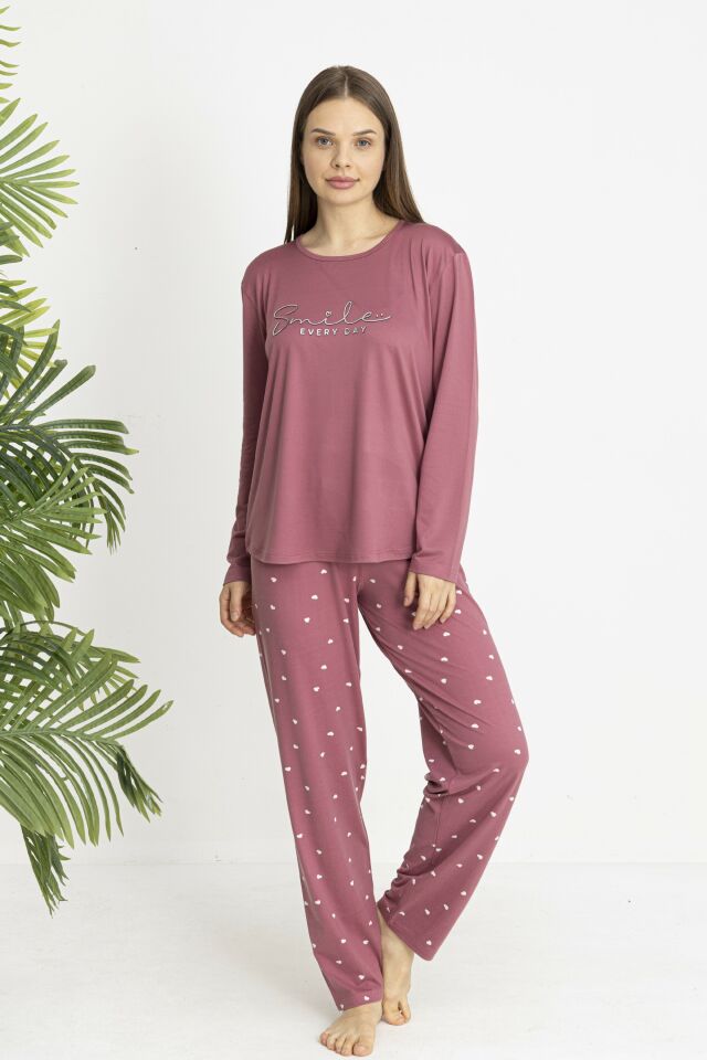 Estiva Kadın Kalp Alt Desenli Soft Uzun Kollu Pijama Takımı