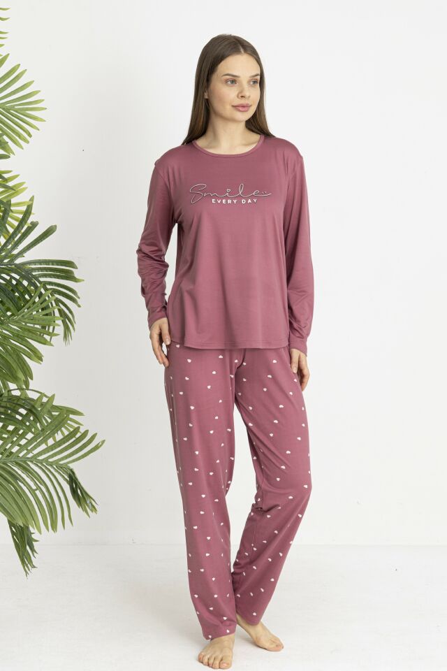 Estiva Kadın Kalp Alt Desenli Soft Uzun Kollu Pijama Takımı