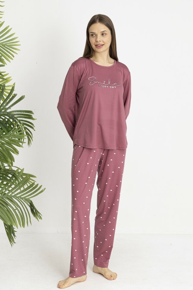 Estiva Kadın Kalp Alt Desenli Soft Uzun Kollu Pijama Takımı