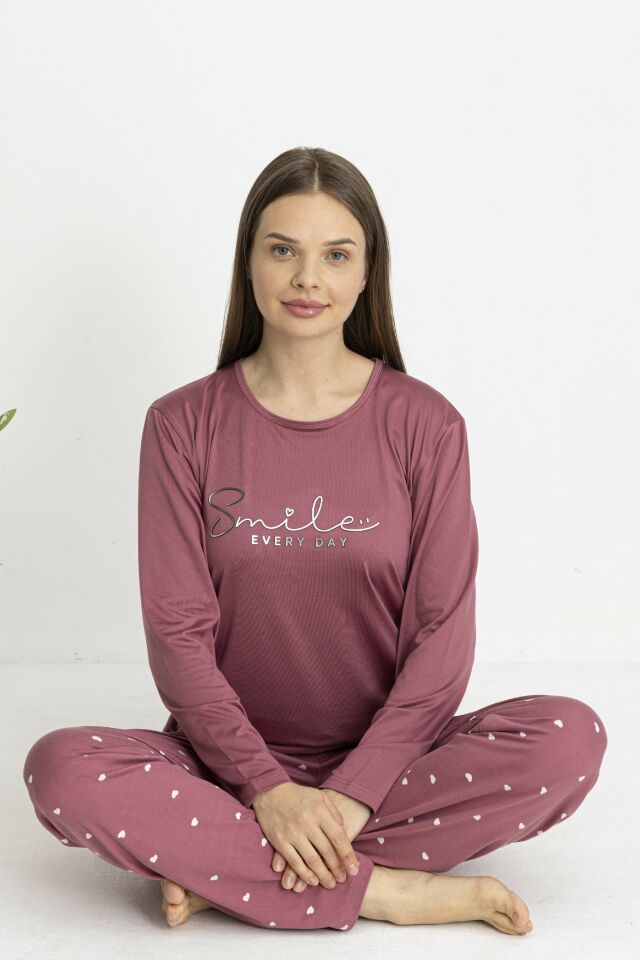 Estiva Kadın Kalp Alt Desenli Soft Uzun Kollu Pijama Takımı